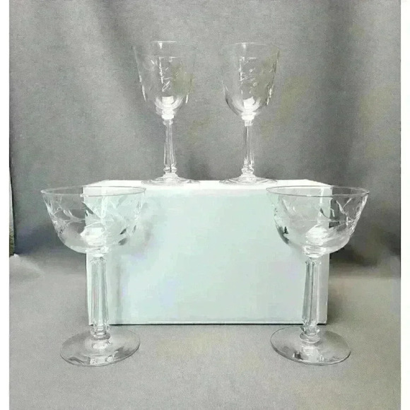 Vintage Libbey Rock Sharpe Laurel Wreath Champagne Coupes & Wine Glasses Set (4) - Picture 2 of 4